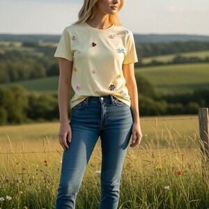 Rosie Posie Floral Embellished Short Sleeve Tee Pale Yellow Women Small NWT